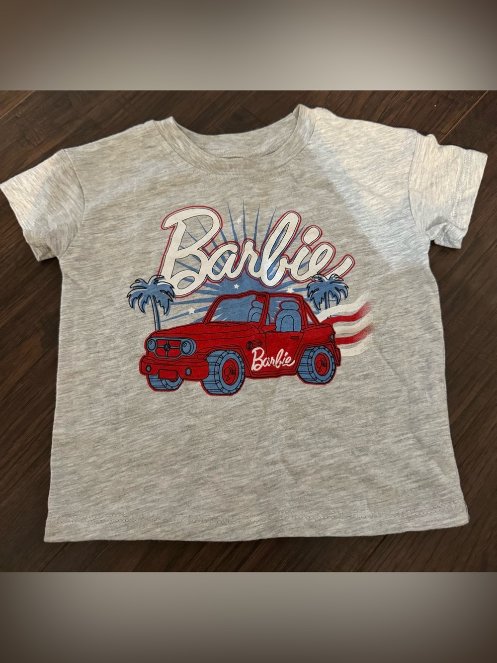 Barbie Light Gray Tee with Red Convertible and Blue Accents 18M